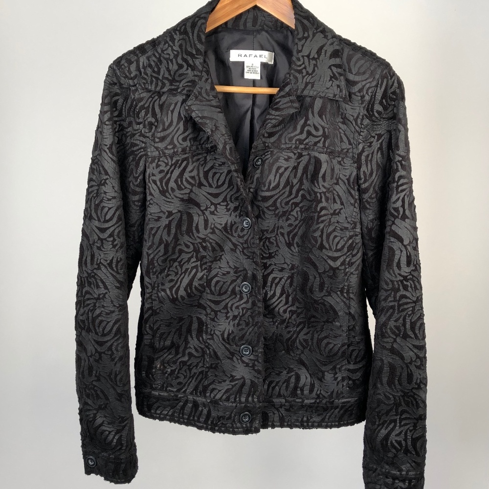RAFAEL Designer Black Abstract Swirl Stamped Faux Suede Jacket